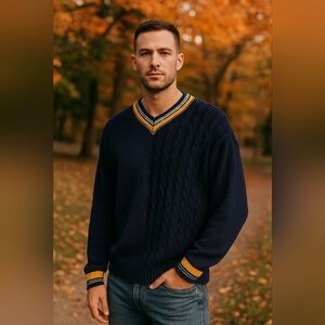 Boohoo‎ Navy V-Neck Sweater with Yellow Trim Sizw XL Extra Large